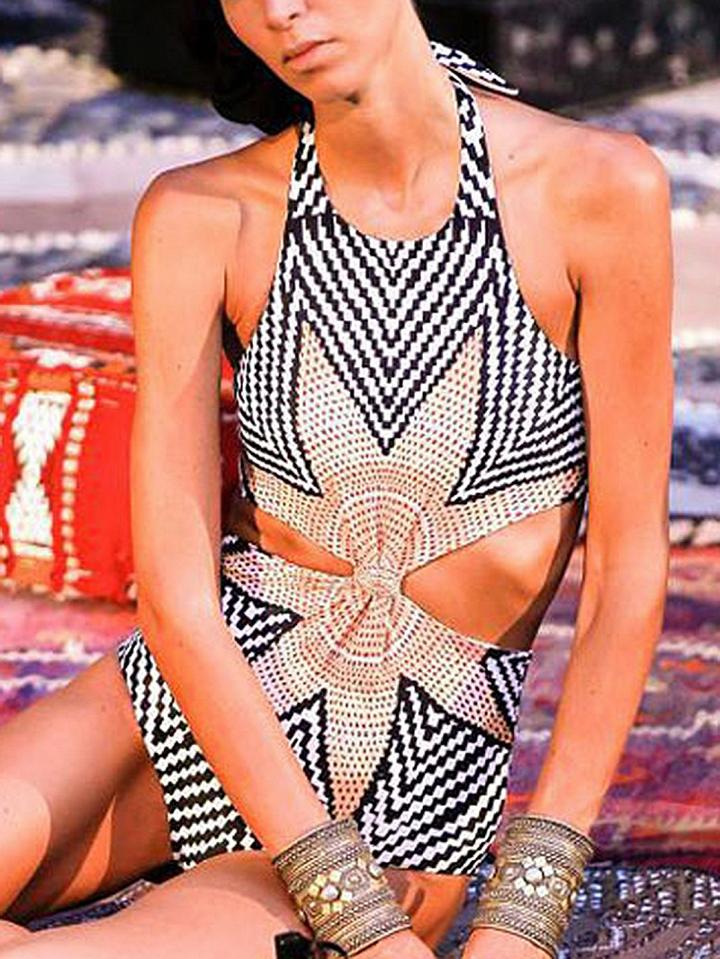 Choies Gray Chevron Halter Maple Leaf Print Open Back Swimsuit