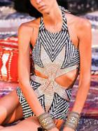 Choies Gray Chevron Halter Maple Leaf Print Open Back Swimsuit