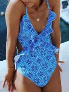 Choies Blue V-neck Folk Print Frill Trim Open Back Women Swimsuit