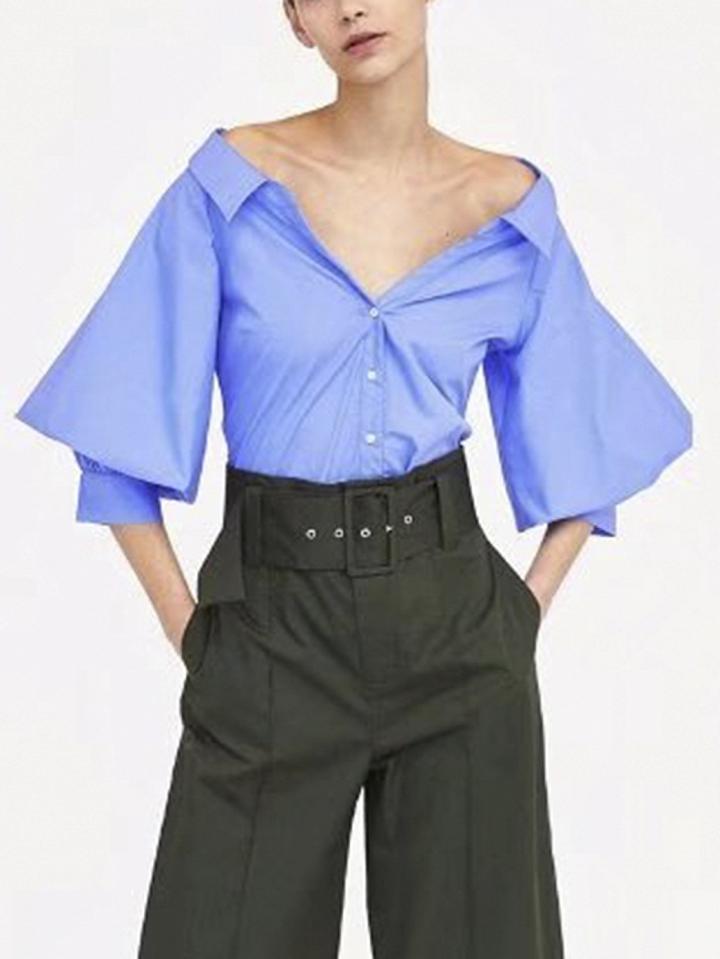 Choies Blue Button Placket Puff Sleeve Shirt