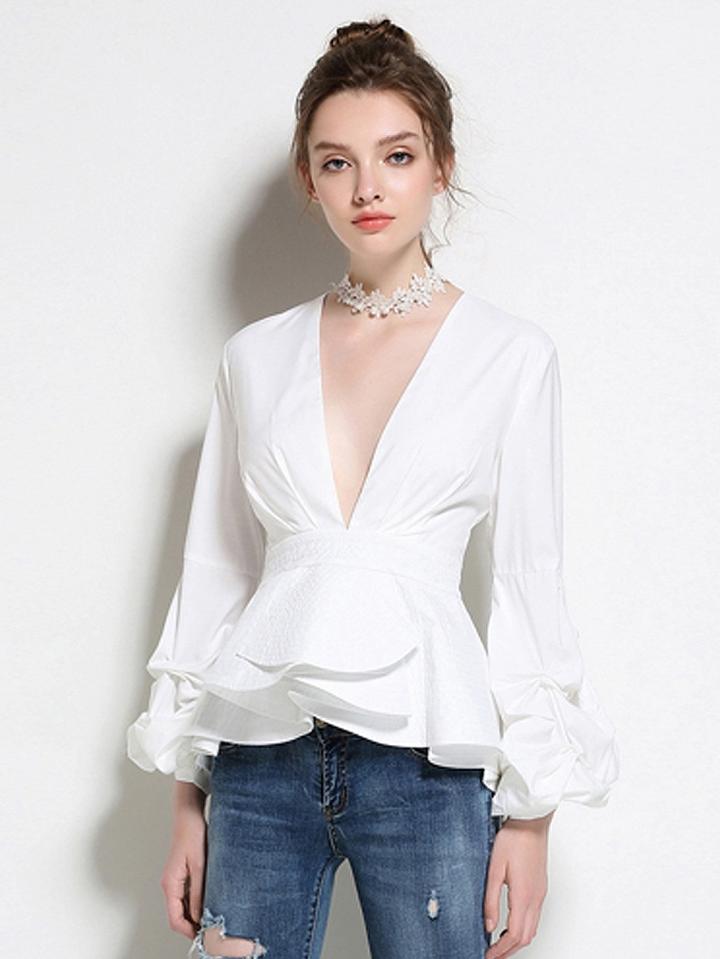 Choies White Plunge Front Ruffle Hem Puff Sleeve Top