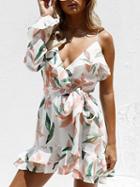 Choies Polychrome V-neck Floral Print Tie Waist Ruffle Trim Mini Dress