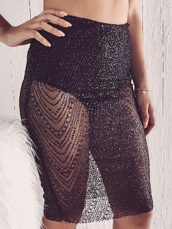 Choies Black Rhinestone Sheer Mesh Pencil Skirt