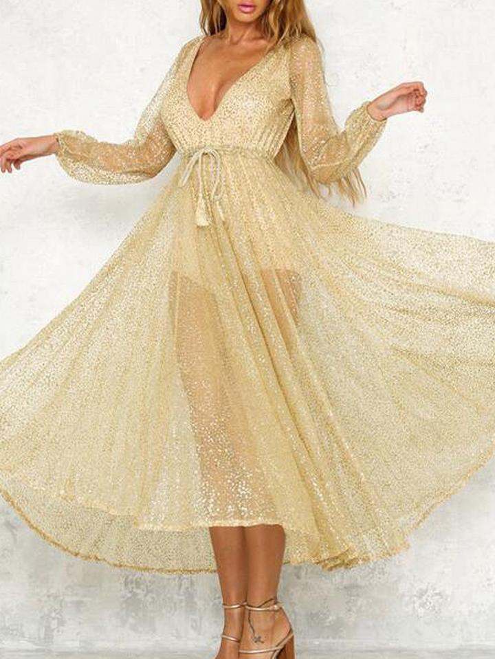 Choies Gold Plunge Sparkle Sequin Embellished Mesh Maxi Dress