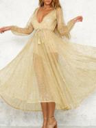 Choies Gold Plunge Sparkle Sequin Embellished Mesh Maxi Dress
