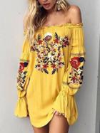 Choies Yellow Off Shoulder Embroidery Floral Flare Sleeve Mini Dress