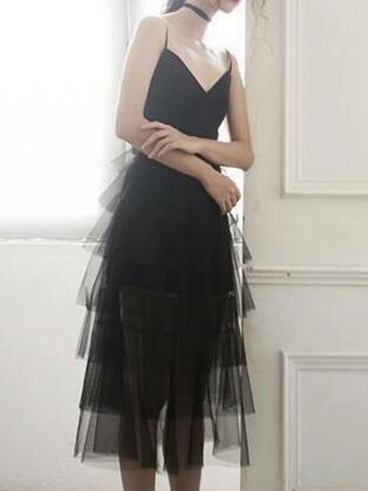 Choies Black V-neck Open Back Chic Women Sheer Mesh Cami Midi Dress