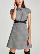 Choies Gray Gingham Beaded Detail Cross Tie Waist Mini Dress