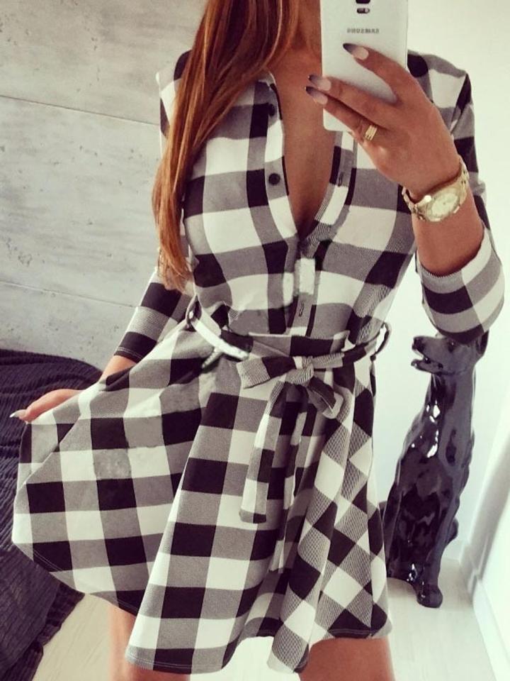 Choies White And Black Plaid Belted 3/4 Sleeve Shirt Dress