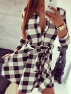 Choies White And Black Plaid Belted 3/4 Sleeve Shirt Dress