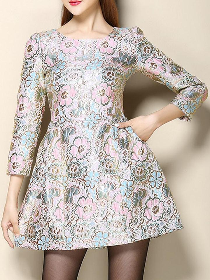 Choies Pink Floral Long Sleeve Jacquard Dress