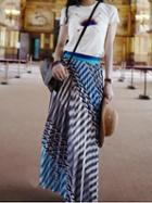 Choies White Cotton Print Detail Chic Women T-shirt And Chiffon Stripe Skirt