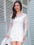Choies White Embroidery Sheer Panel Long Sleeve Bodycon Mini Dress