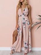 Choies Pink Plunge Floral Print Cross Strap Open Back Jumpsuit