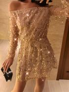 Choies Beige Off Shoulder Sequin Detail Long Sleeve Mini Dress