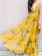 Choies Yellow Plunge Floral Print Open Back Chic Women Cami Maxi Dress