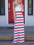 Choies Blue Stripe Star Print Panel Sleeveless Chic Women Maxi Dress