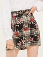 Choies Black Plaid High Waist Floral Print Mini Skirt