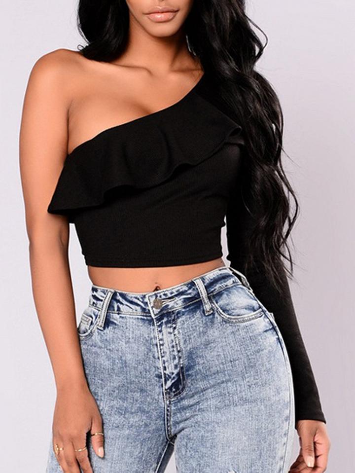 Choies Black One Shoulder Ruffle Trim Crop Top