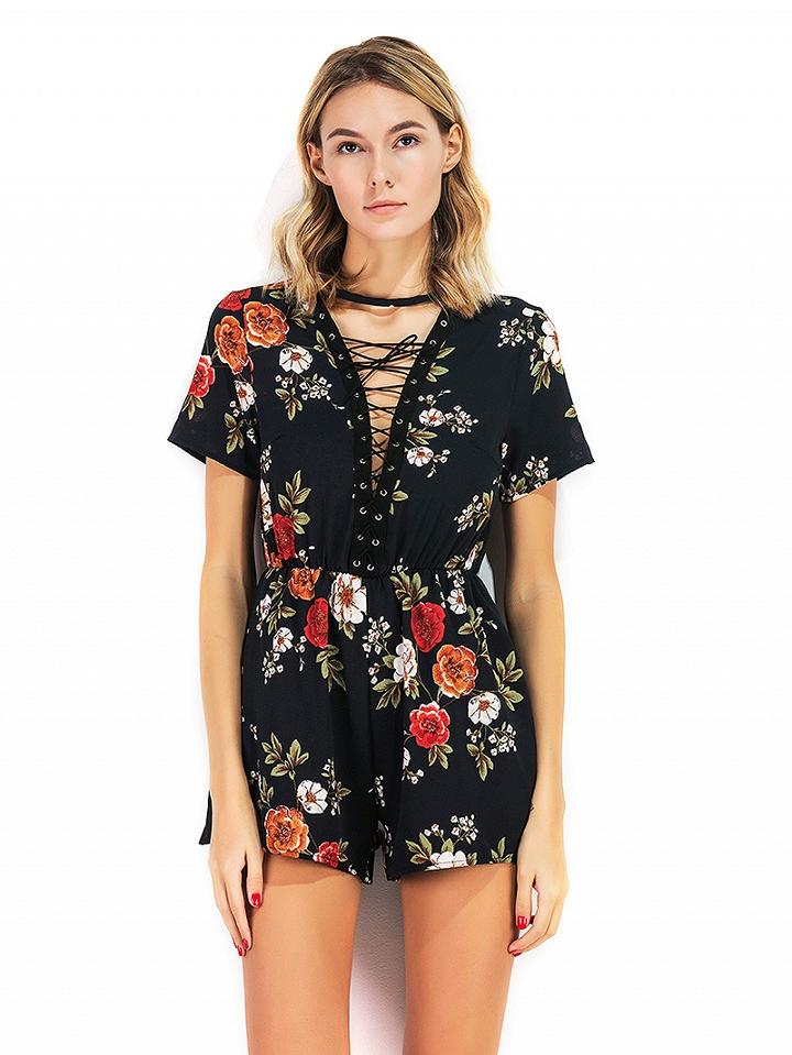 Choies Black Floral Print Lace Up Front Romper Playsuit