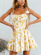 Choies Yellow Spaghetti Strap Floral Print Tie Front Mini Dress