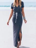 Choies Navy V Neck Drawstring Waist Slit Side Maxi Dress