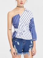 Choies Blue Stripe One Shoulder Contrast Wrap Tie Waist Shirt
