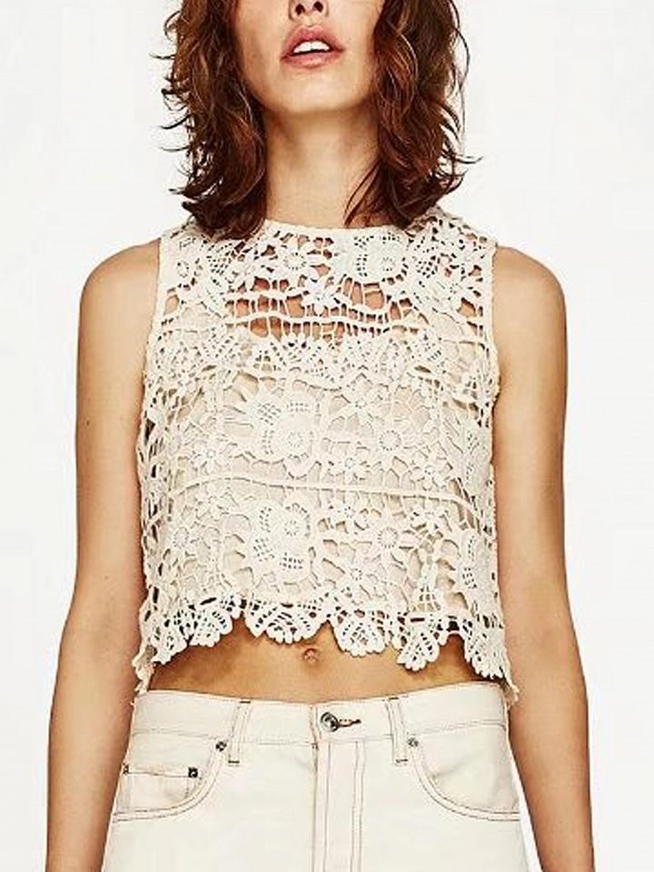 Choies Beige Cut Out Back Crochet Lace Vest