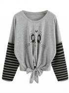 Choies Gray Contrast Stripe Knot Front Print Detail Long Sleeve T-shirt