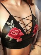 Choies Black Leather Look Plunge Lattice Front Embroidery Floral Crop Top