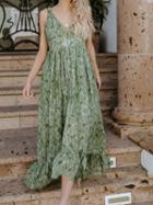 Choies Green V-neck Leaf Print Ruffle Hem Chic Women Cami Maxi Dress