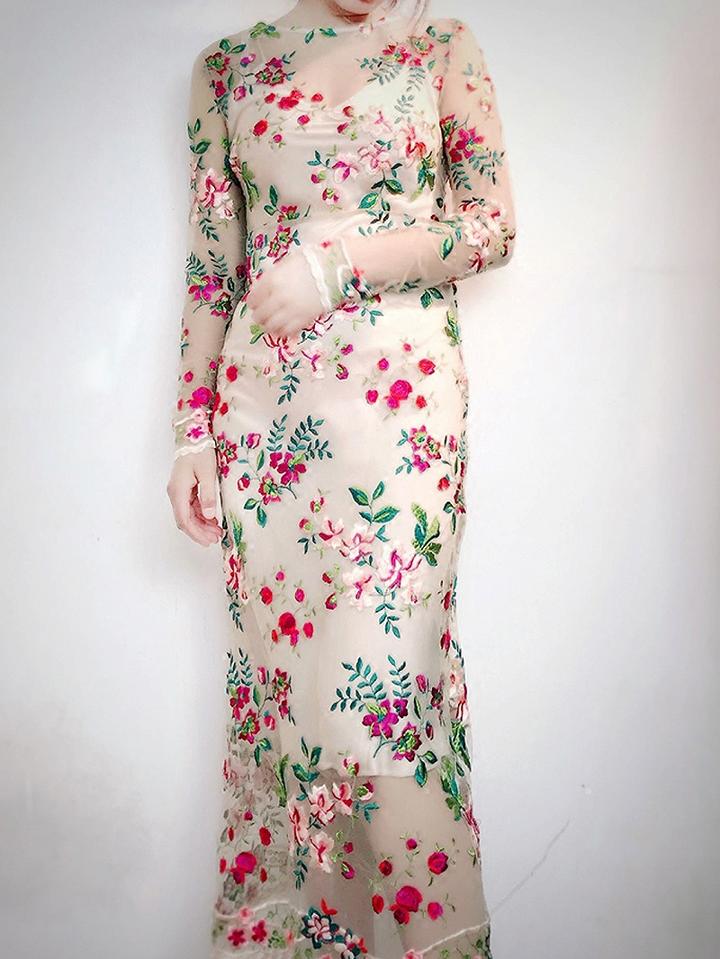 Choies Beige Embroidery Floral Sheer Mesh Maxi Dress And Cami Lining