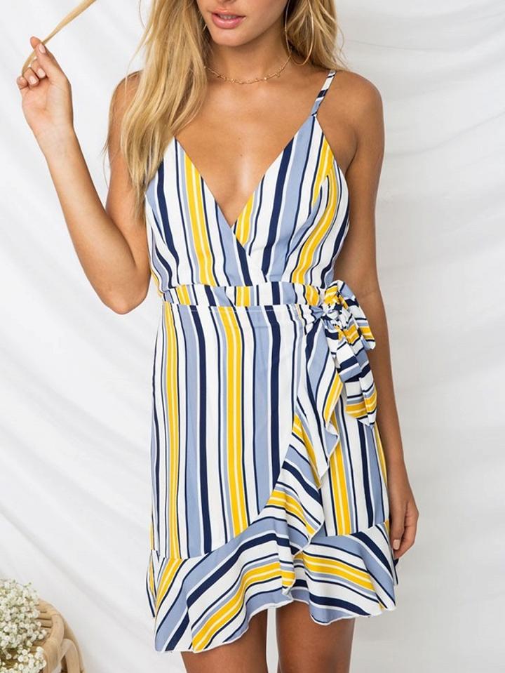 Choies Blue Stripe V-neck Tie Waist Ruffle Trim Open Back Mini Dress