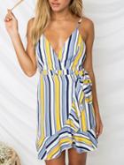 Choies Blue Stripe V-neck Tie Waist Ruffle Trim Open Back Mini Dress