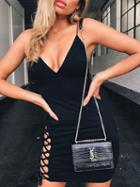 Choies Black Plunge Lace Up Side Open Back Chic Women Bodycon Cami Mini Dress