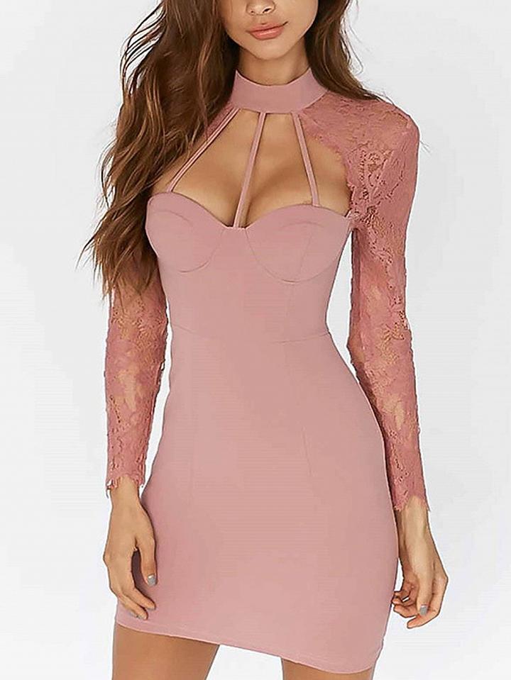 Choies Pink High Neck Cut Out Strap Detail Lace Sleeve Bodycon Dress