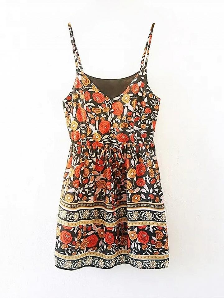 Choies Polychrome V-neck Floral Spaghetti Strap Mini Dress