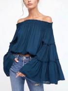 Choies Navy Off Shoulder Flared Sleeve Blouse