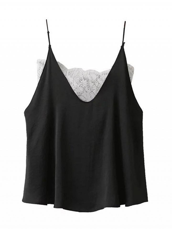 Choies Black V-neck Sheer Lace Paneled Cami Top