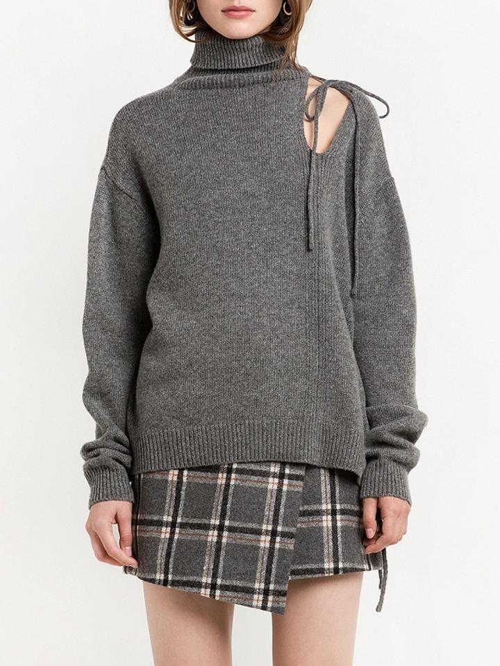 Choies Gray Roll Neck Cut Out Shoulder Tie Back Long Sleeve Sweater