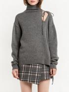 Choies Gray Roll Neck Cut Out Shoulder Tie Back Long Sleeve Sweater