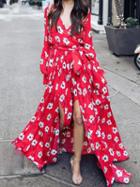 Choies Red Tie Waist Print Detail Thigh Split Long Sleeve Maxi Dress