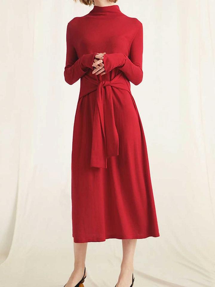 Choies Red Mock Neck Tie Front Long Sleeve Knit Midi Dress