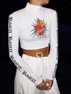 Choies White High Neck Heart And Letter Print Long Sleeve Cropped T-shirt