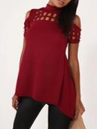 Choies Red High Neck Lattice Cut Out Split Back Cold Shoulder Top