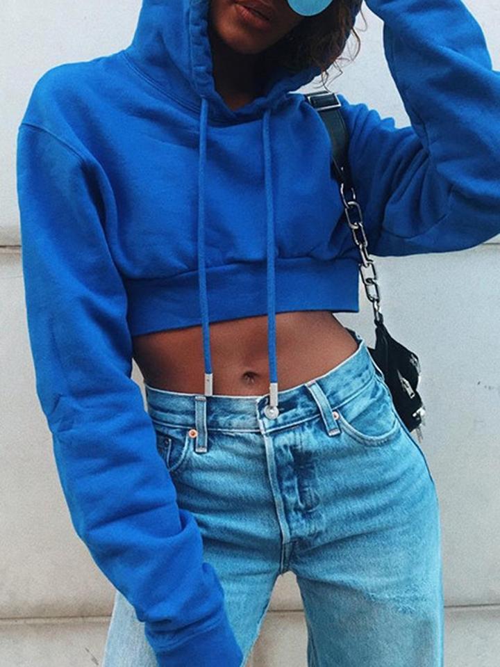 Choies Royal Blue Cotton Blend Long Sleeve Women Crop Hoodie