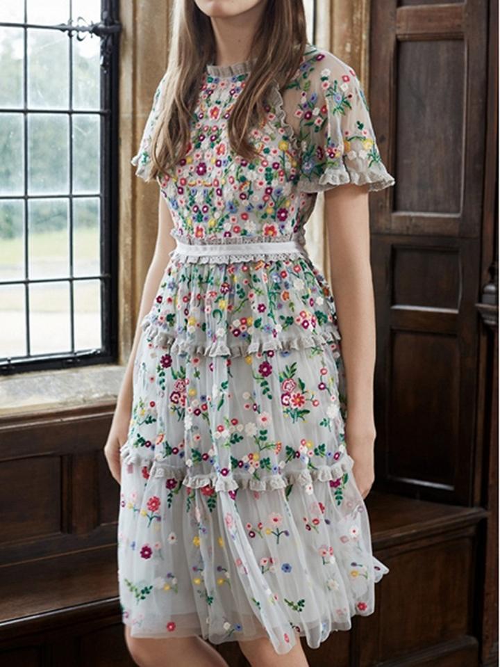 Choies Polychrome Flower Embroidery Frill Trim Chic Women Sheer Mesh Dress