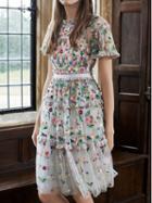 Choies Polychrome Flower Embroidery Frill Trim Chic Women Sheer Mesh Dress
