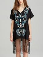 Choies Black V-neck Embroidery Detail Tassel Trim Dress