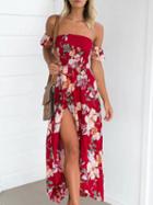 Choies Red Off Shoulder Floral Print Strappy Back Wrap Maxi Dress